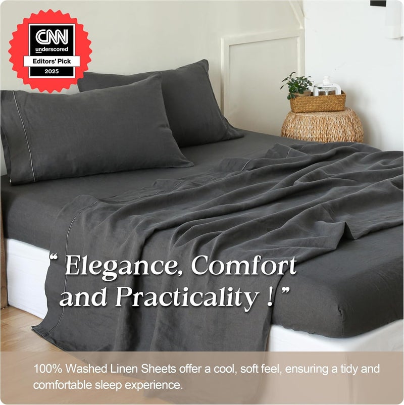 Simple&Opulence 100% Pure Linen Sheet Set Full Size, Natural French Flax Solid Color 4 Pcs Washed Breathable, Farmhouse Bedding (1 Flat Sheet,1 Fitted Sheet,2 Pillowcases)-Embroidery Dark Grey - Image 4
